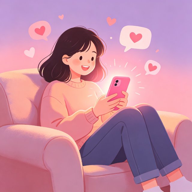 saylo 产品介绍插画，女孩与 AI 暖心聊天的扁平治愈插画